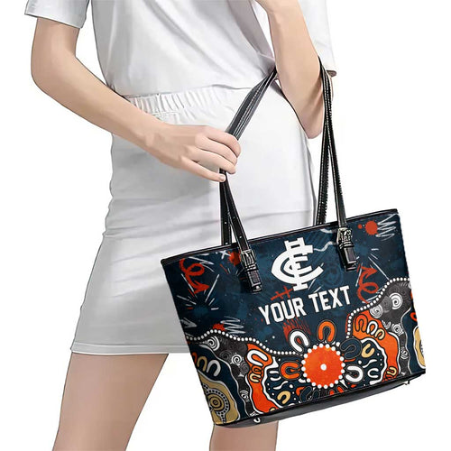 Personalized Carlton Blues Leather Tote Bag Aboriginal Dot Painting Graffiti Style