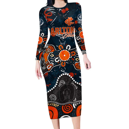 Personalized Carlton Blues Long Sleeve Bodycon Dress Aboriginal Dot Painting Graffiti Style