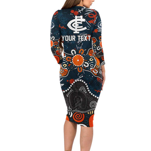 Personalized Carlton Blues Long Sleeve Bodycon Dress Aboriginal Dot Painting Graffiti Style