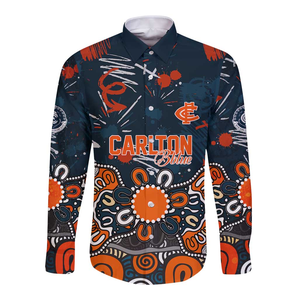 Personalized Carlton Blues Long Sleeve Button Shirt Aboriginal Dot Painting Graffiti Style