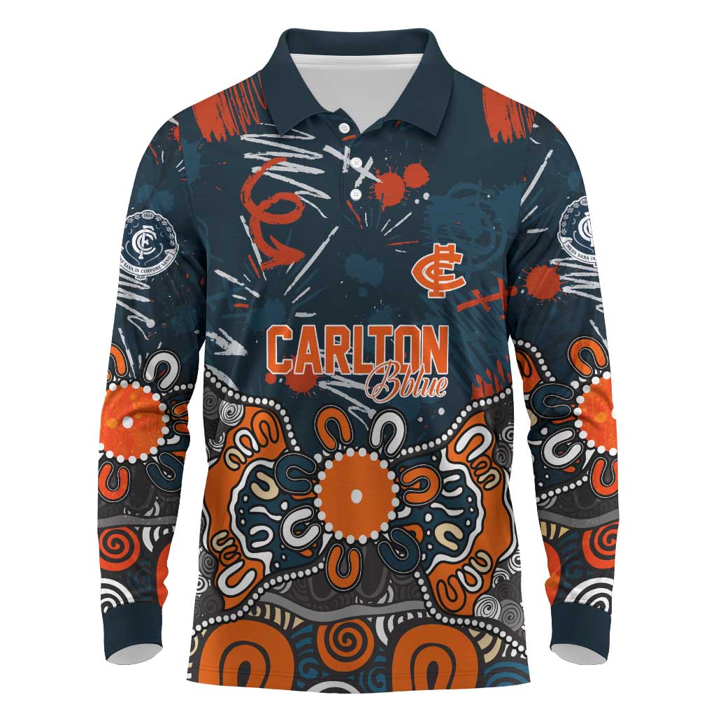 Personalized Carlton Blues Long Sleeve Polo Shirt Aboriginal Dot Painting Graffiti Style