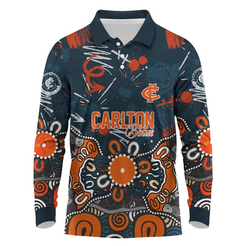 Personalized Carlton Blues Long Sleeve Polo Shirt Aboriginal Dot Painting Graffiti Style