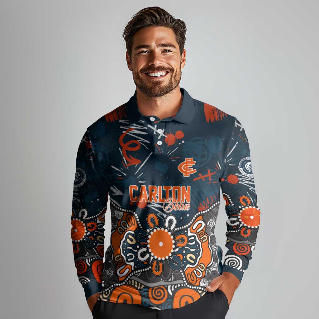 Personalized Carlton Blues Long Sleeve Polo Shirt Aboriginal Dot Painting Graffiti Style