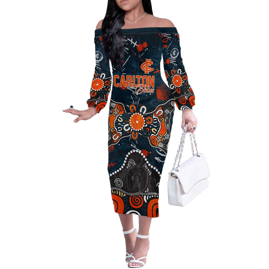 Personalized Carlton Blues Off The Shoulder Long Sleeve Dress Aboriginal Dot Painting Graffiti Style