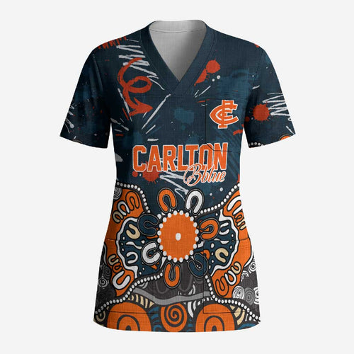 Personalized Carlton Blues Scrub Top Aboriginal Dot Painting Graffiti Style