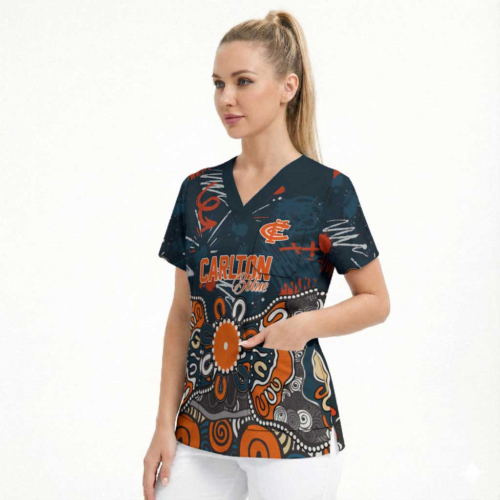Personalized Carlton Blues Scrub Top Aboriginal Dot Painting Graffiti Style