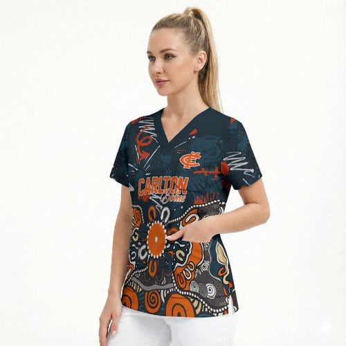 Personalized Carlton Blues Scrub Top Aboriginal Dot Painting Graffiti Style