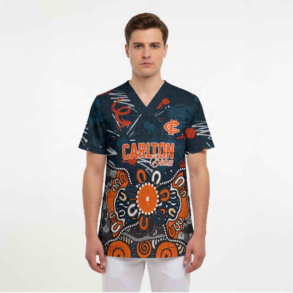 Personalized Carlton Blues Scrub Top Aboriginal Dot Painting Graffiti Style