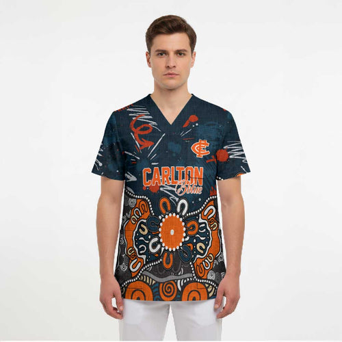 Personalized Carlton Blues Scrub Top Aboriginal Dot Painting Graffiti Style