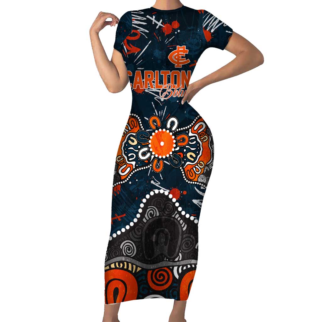Personalized Carlton Blues Short Sleeve Bodycon Dress Aboriginal Dot Painting Graffiti Style