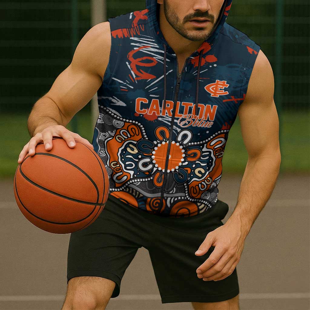Personalized Carlton Blues Sleeveless Zip Hoodie Aboriginal Dot Painting Graffiti Style