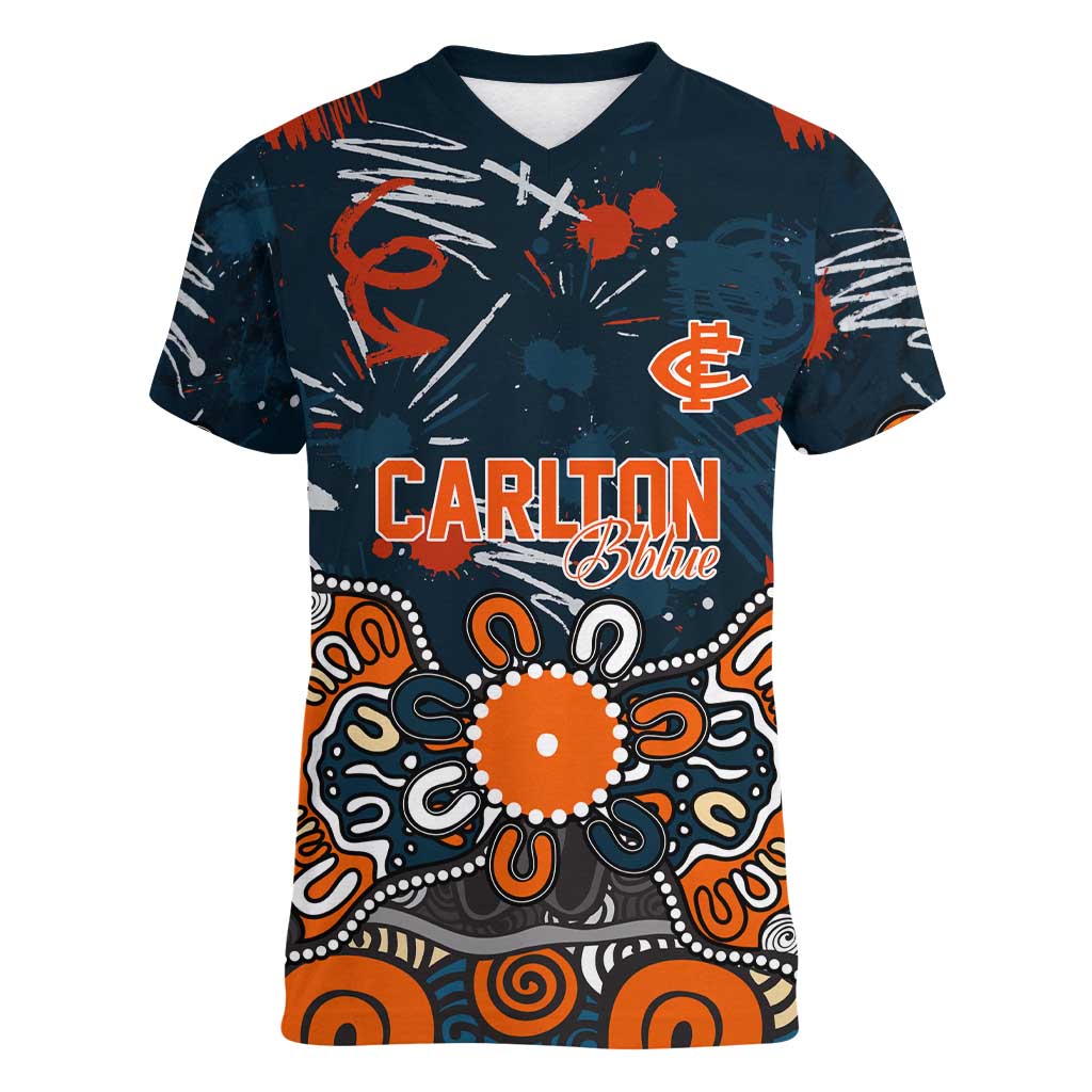 Personalized Carlton Blues Women V-Neck T-Shirt Aboriginal Dot Painting Graffiti Style