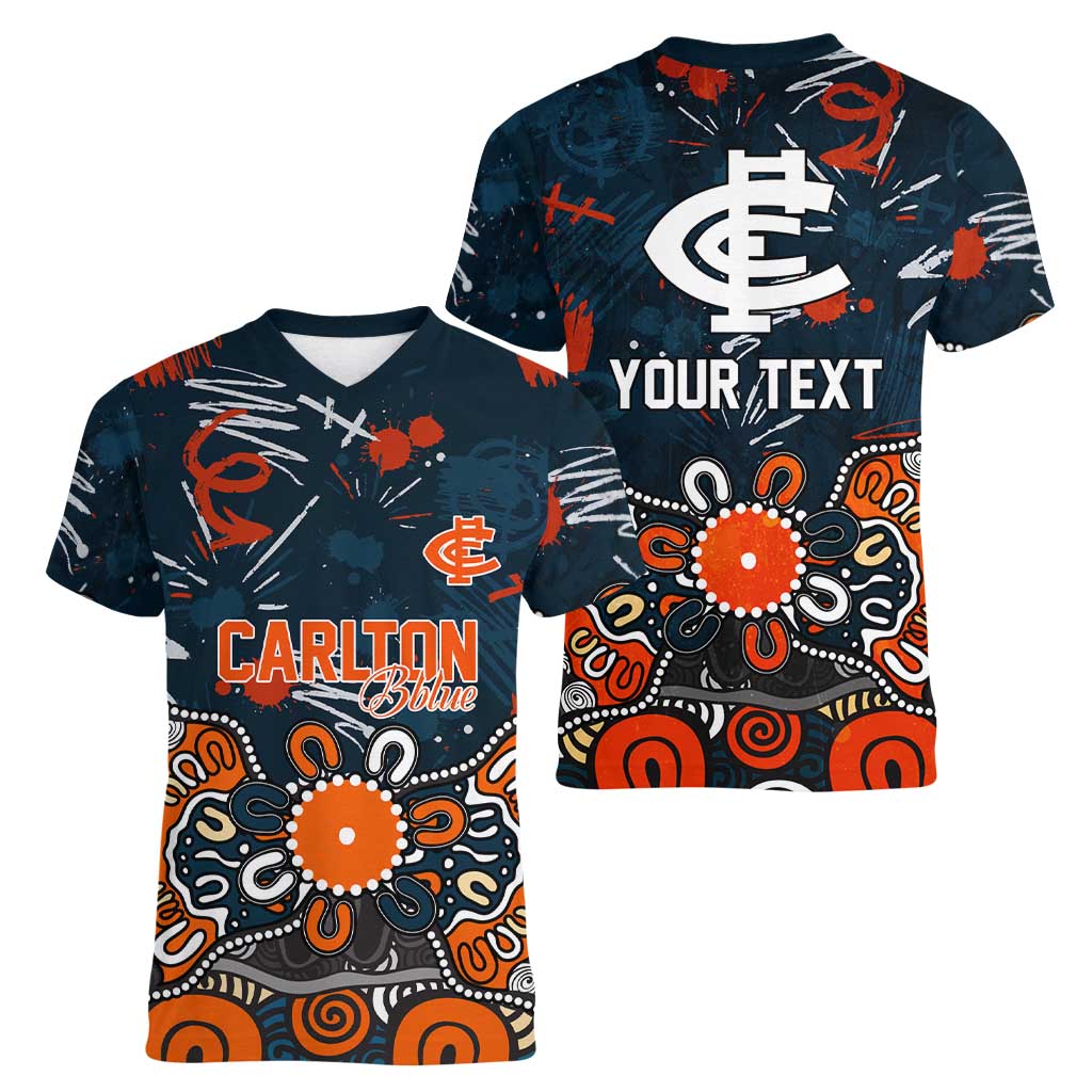 Personalized Carlton Blues Women V-Neck T-Shirt Aboriginal Dot Painting Graffiti Style