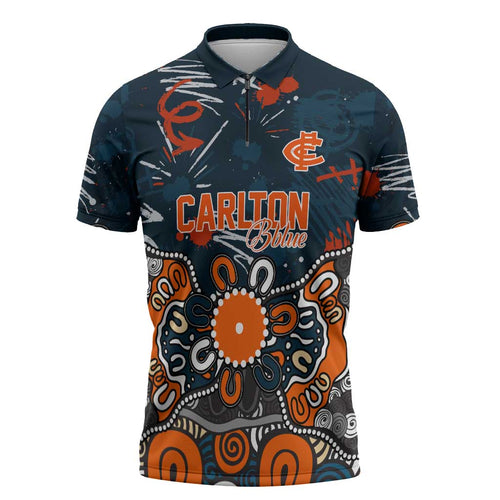 Personalized Carlton Blues Zipper Polo Shirt Aboriginal Dot Painting Graffiti Style