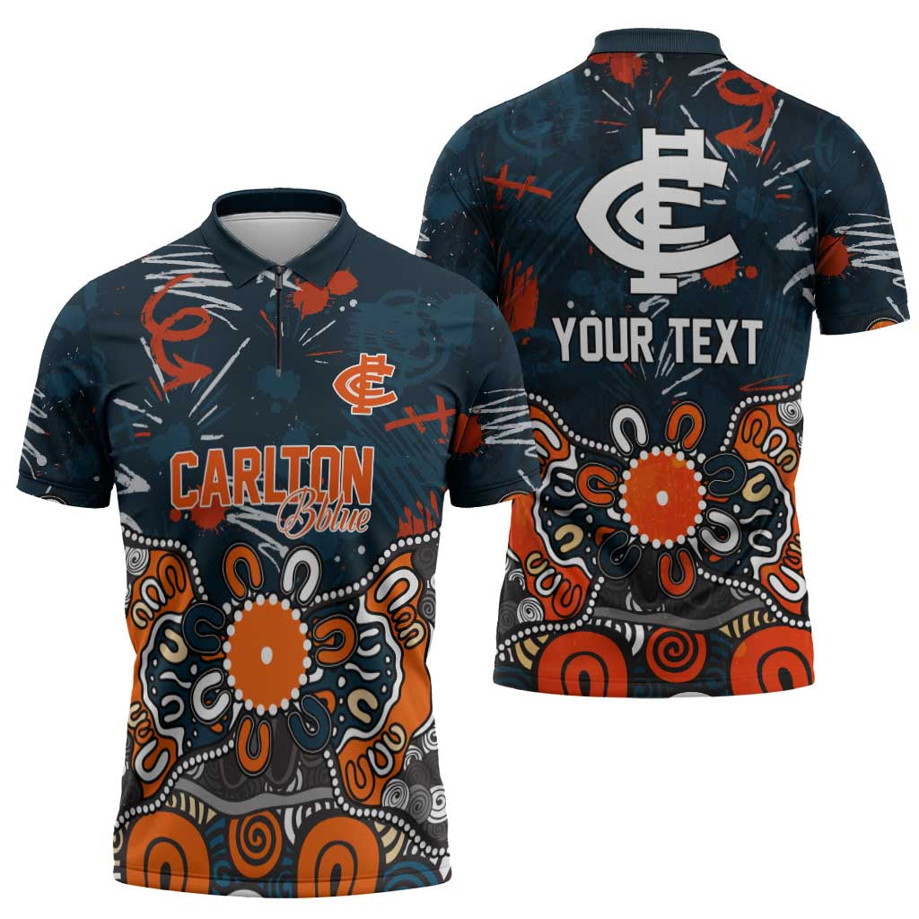 Personalized Carlton Blues Zipper Polo Shirt Aboriginal Dot Painting Graffiti Style