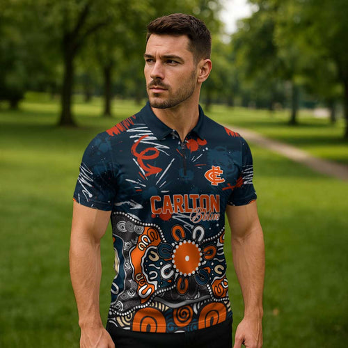 Personalized Carlton Blues Zipper Polo Shirt Aboriginal Dot Painting Graffiti Style