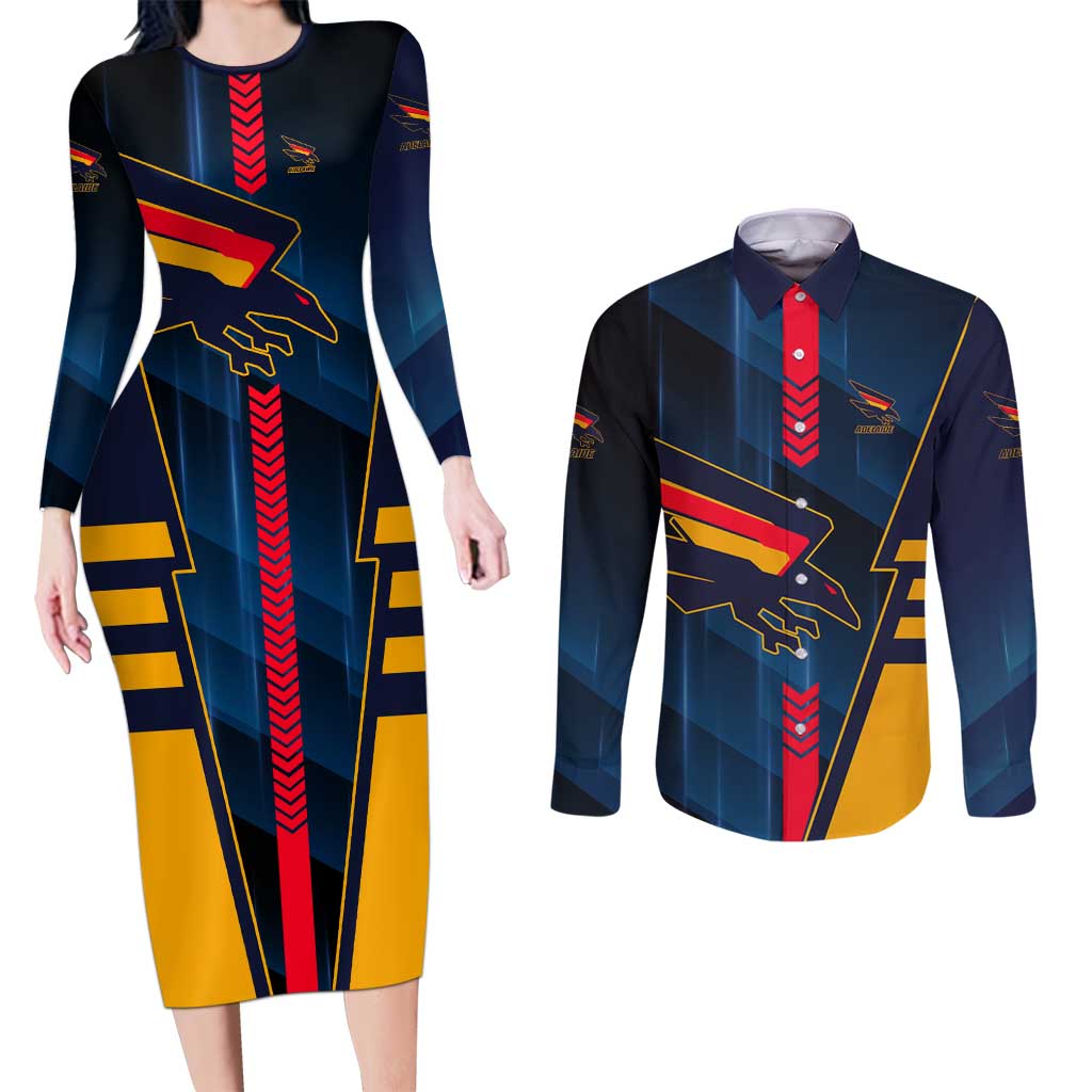 Personalized Adelaide Crows Couples Matching Long Sleeve Bodycon Dress and Long Sleeve Button Shirt Modern Geometric Sports Graphic Style
