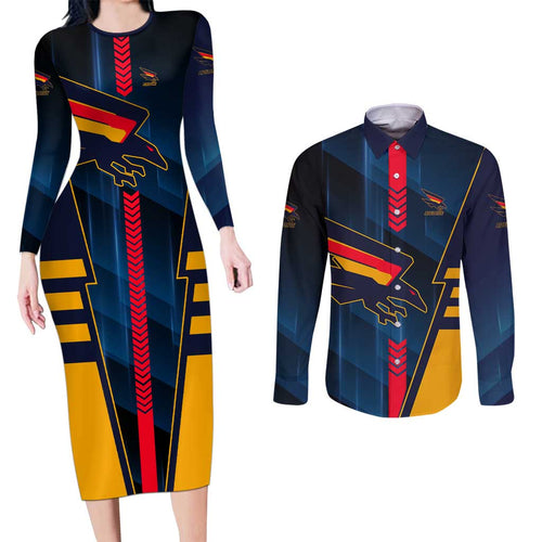 Personalized Adelaide Crows Couples Matching Long Sleeve Bodycon Dress and Long Sleeve Button Shirt Modern Geometric Sports Graphic Style