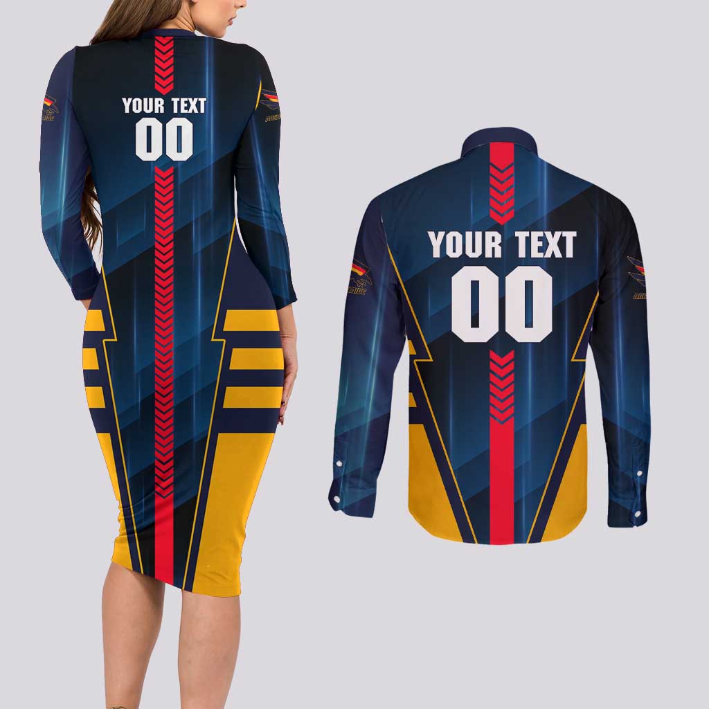 Personalized Adelaide Crows Couples Matching Long Sleeve Bodycon Dress and Long Sleeve Button Shirt Modern Geometric Sports Graphic Style