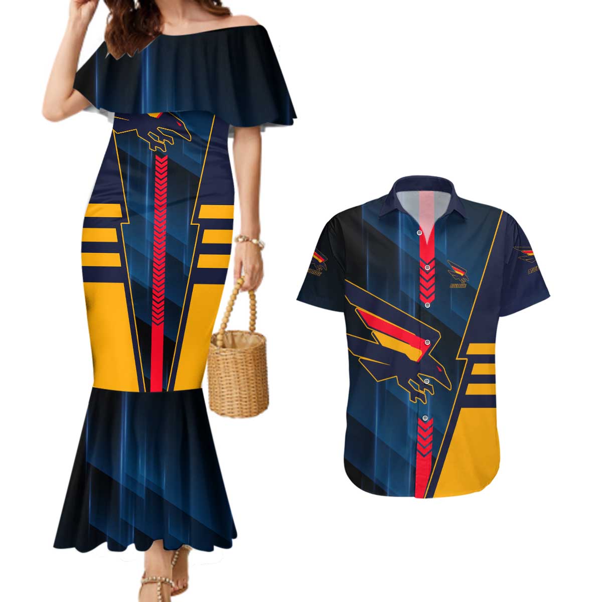 Personalized Adelaide Crows Couples Matching Mermaid Dress and Hawaiian Shirt Modern Geometric Sports Graphic Style