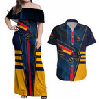 Personalized Adelaide Crows Couples Matching Off Shoulder Maxi Dress and Hawaiian Shirt Modern Geometric Sports Graphic Style
