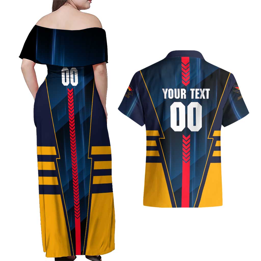 Personalized Adelaide Crows Couples Matching Off Shoulder Maxi Dress and Hawaiian Shirt Modern Geometric Sports Graphic Style