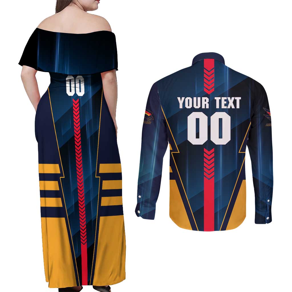 Personalized Adelaide Crows Couples Matching Off Shoulder Maxi Dress and Long Sleeve Button Shirt Modern Geometric Sports Graphic Style