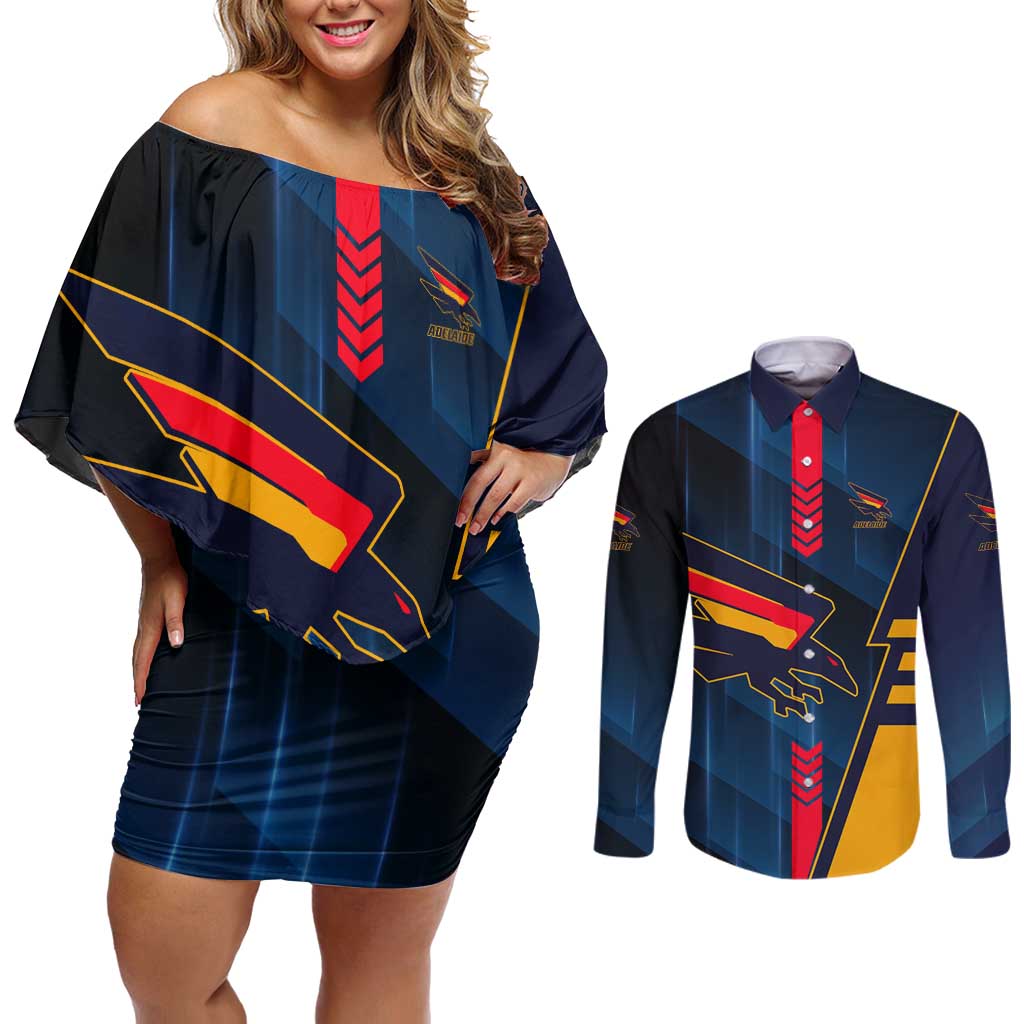 Personalized Adelaide Crows Couples Matching Off Shoulder Short Dress and Long Sleeve Button Shirt Modern Geometric Sports Graphic Style