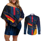 Personalized Adelaide Crows Couples Matching Off Shoulder Short Dress and Long Sleeve Button Shirt Modern Geometric Sports Graphic Style