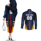 Personalized Adelaide Crows Couples Matching Off The Shoulder Long Sleeve Dress and Long Sleeve Button Shirt Modern Geometric Sports Graphic Style