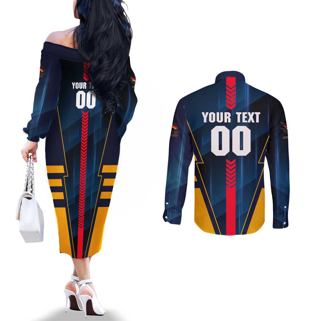 Personalized Adelaide Crows Couples Matching Off The Shoulder Long Sleeve Dress and Long Sleeve Button Shirt Modern Geometric Sports Graphic Style