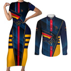 Personalized Adelaide Crows Couples Matching Short Sleeve Bodycon Dress and Long Sleeve Button Shirt Modern Geometric Sports Graphic Style