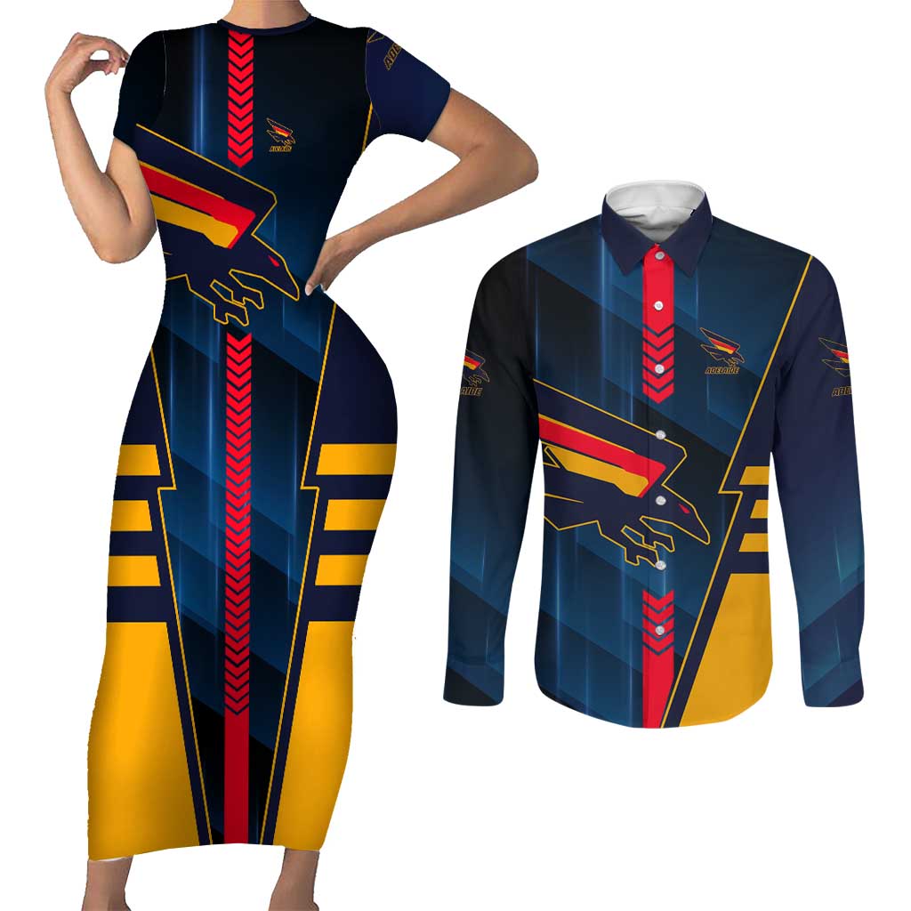 Personalized Adelaide Crows Couples Matching Short Sleeve Bodycon Dress and Long Sleeve Button Shirt Modern Geometric Sports Graphic Style