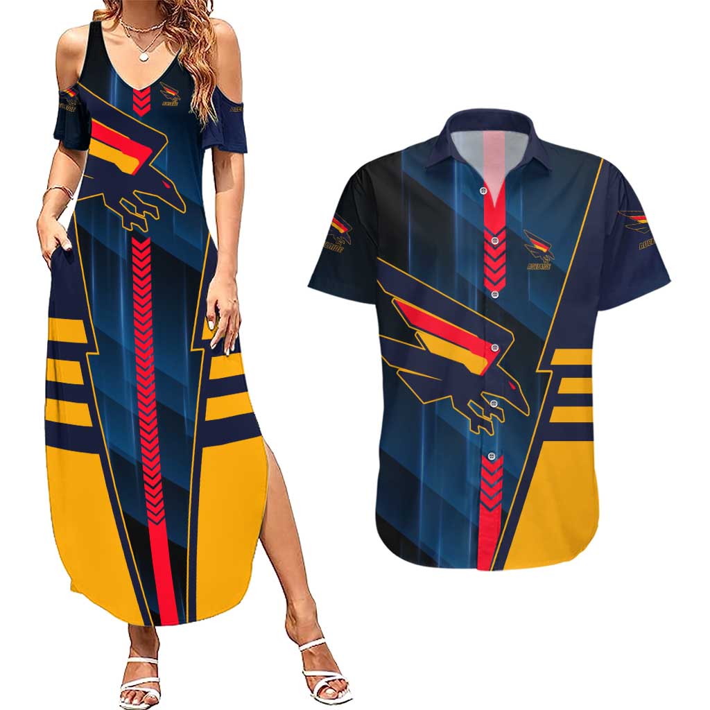 Personalized Adelaide Crows Couples Matching Summer Maxi Dress and Hawaiian Shirt Modern Geometric Sports Graphic Style