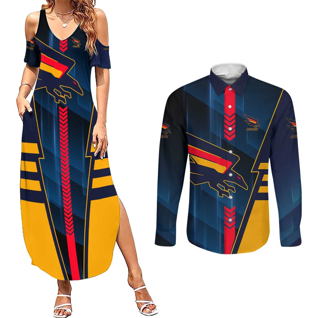 Personalized Adelaide Crows Couples Matching Summer Maxi Dress and Long Sleeve Button Shirt Modern Geometric Sports Graphic Style