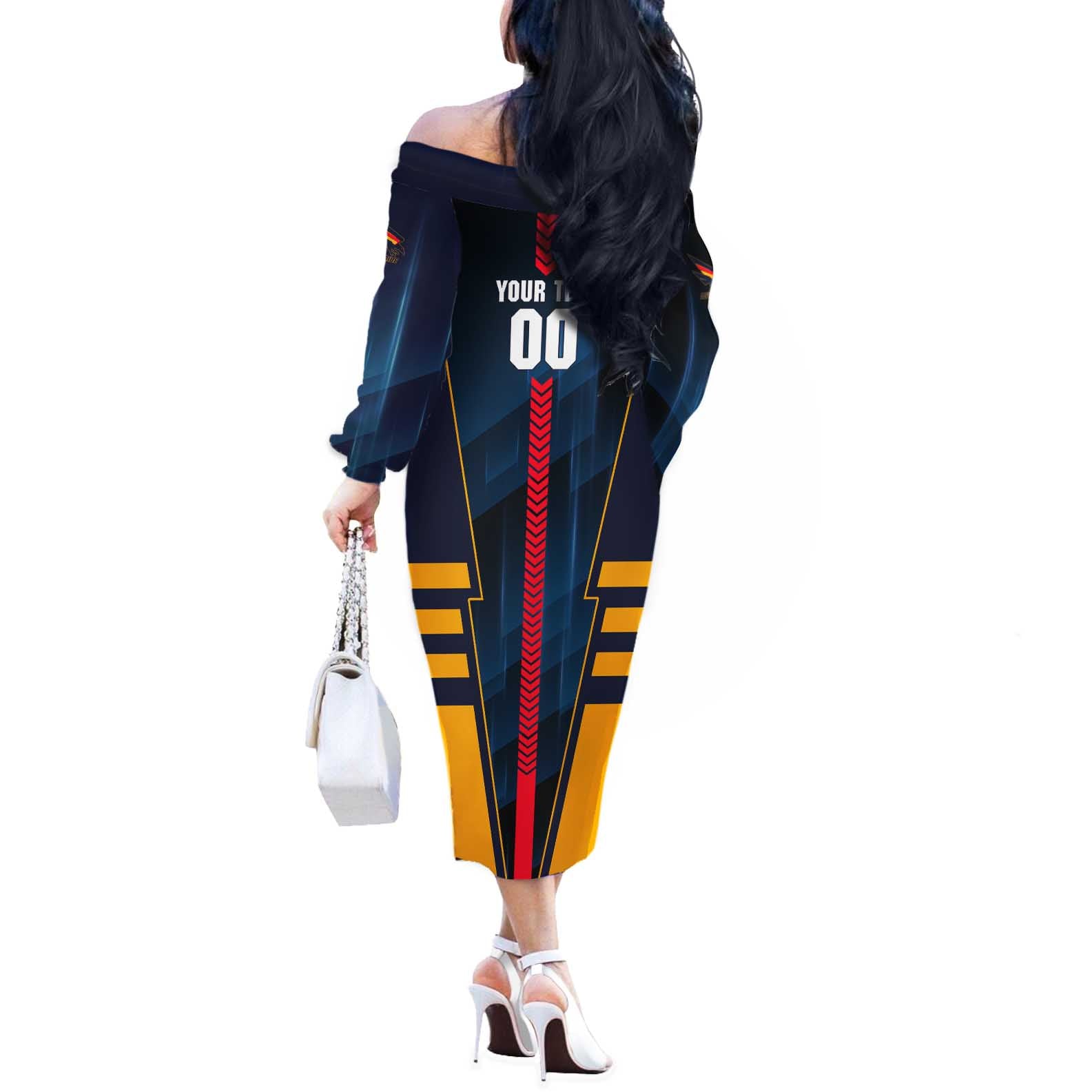 Personalized Adelaide Crows Off The Shoulder Long Sleeve Dress Modern Geometric Sports Graphic Style