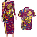 Brisbane Lions Couples Matching Long Sleeve Bodycon Dress and Hawaiian Shirt Mascot Cartoon Football Illustration Style