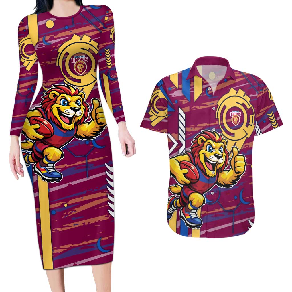 Brisbane Lions Couples Matching Long Sleeve Bodycon Dress and Hawaiian Shirt Mascot Cartoon Football Illustration Style