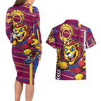 Brisbane Lions Couples Matching Long Sleeve Bodycon Dress and Hawaiian Shirt Mascot Cartoon Football Illustration Style