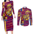 Brisbane Lions Couples Matching Long Sleeve Bodycon Dress and Long Sleeve Button Shirt Mascot Cartoon Football Illustration Style