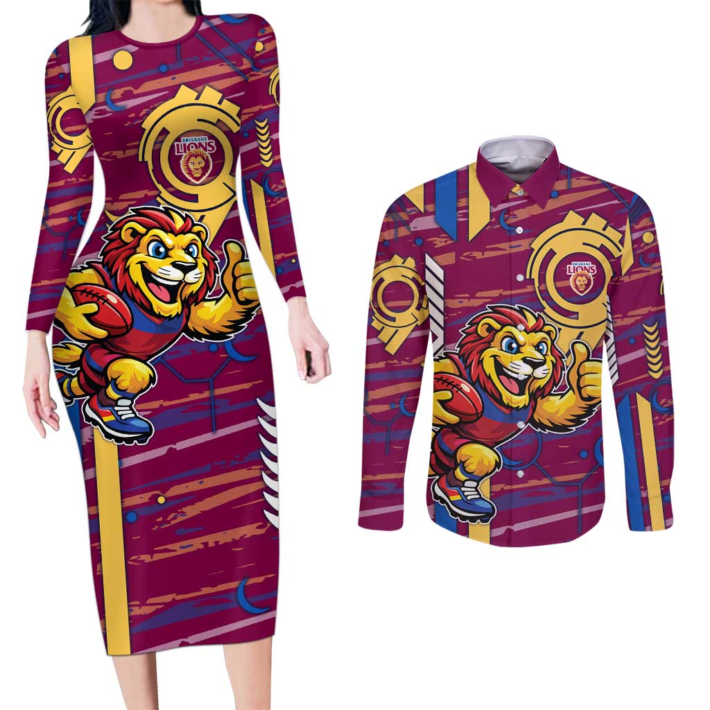 Brisbane Lions Couples Matching Long Sleeve Bodycon Dress and Long Sleeve Button Shirt Mascot Cartoon Football Illustration Style