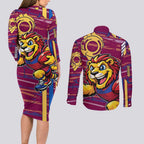 Brisbane Lions Couples Matching Long Sleeve Bodycon Dress and Long Sleeve Button Shirt Mascot Cartoon Football Illustration Style