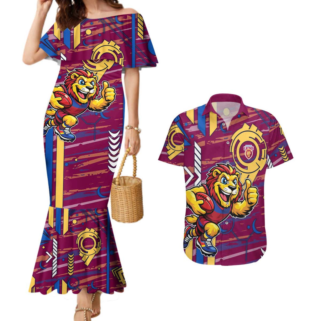 Brisbane Lions Couples Matching Mermaid Dress and Hawaiian Shirt Mascot Cartoon Football Illustration Style