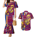 Brisbane Lions Couples Matching Mermaid Dress and Hawaiian Shirt Mascot Cartoon Football Illustration Style