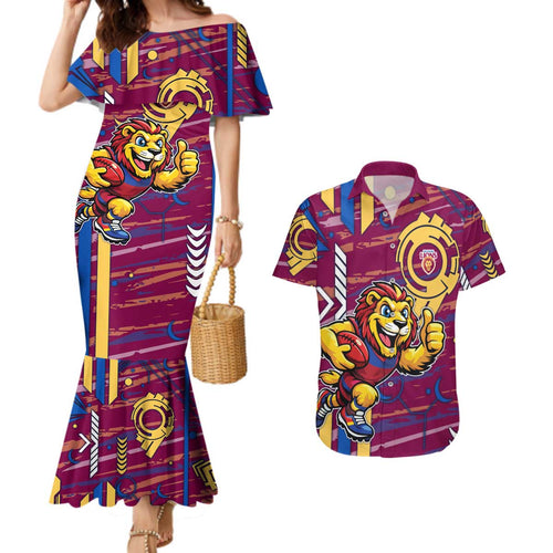 Brisbane Lions Couples Matching Mermaid Dress and Hawaiian Shirt Mascot Cartoon Football Illustration Style