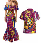 Brisbane Lions Couples Matching Mermaid Dress and Hawaiian Shirt Mascot Cartoon Football Illustration Style