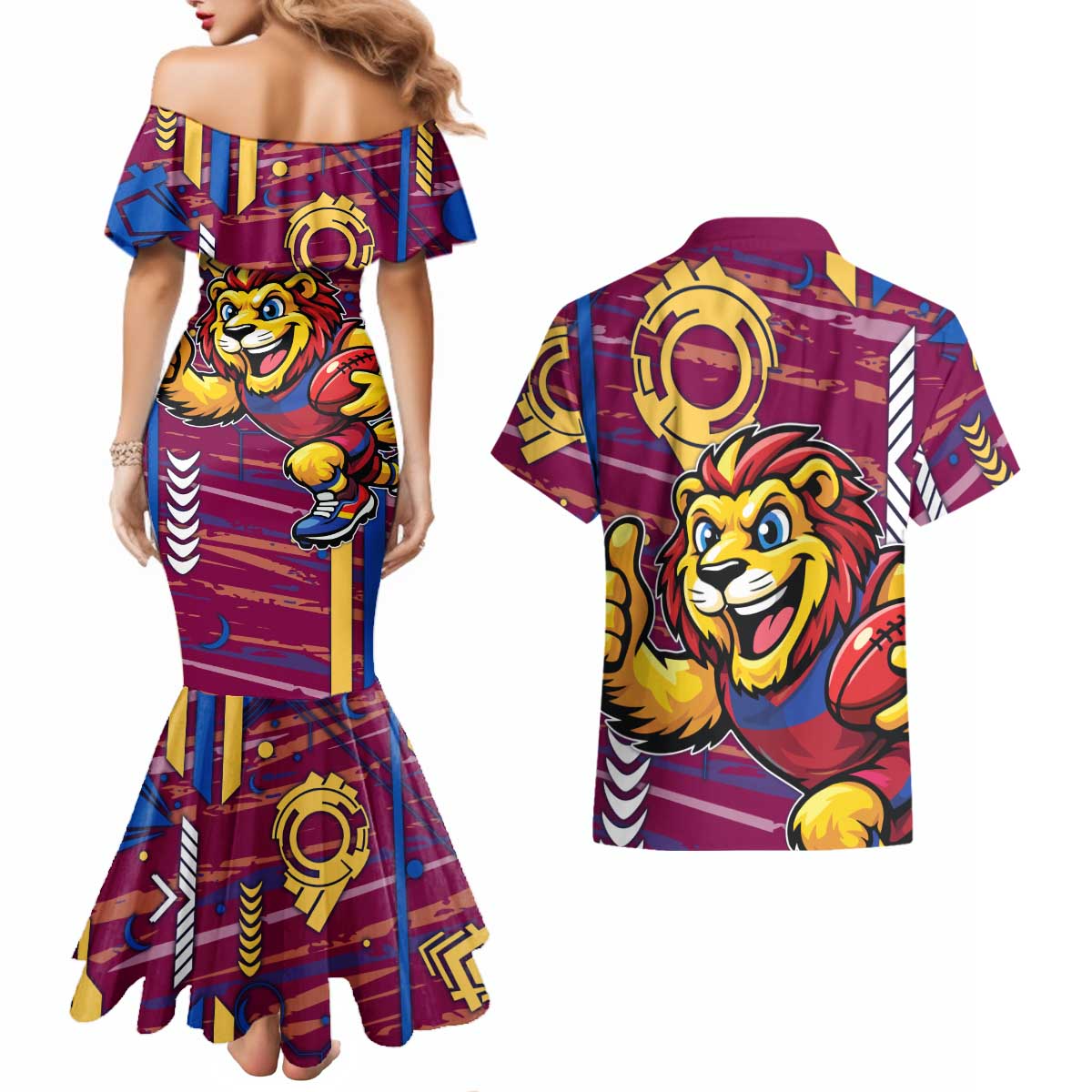 Brisbane Lions Couples Matching Mermaid Dress and Hawaiian Shirt Mascot Cartoon Football Illustration Style