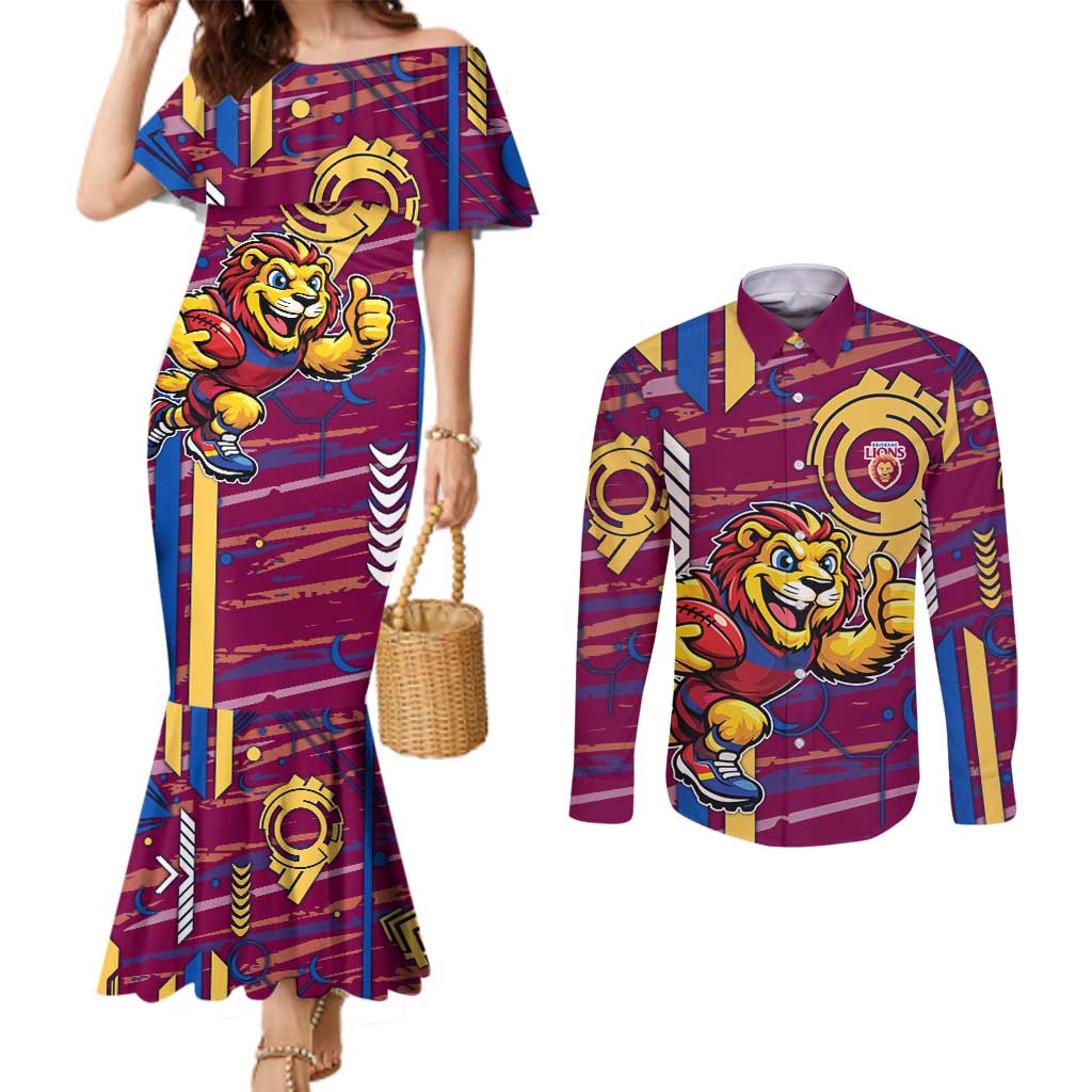 Brisbane Lions Couples Matching Mermaid Dress and Long Sleeve Button Shirt Mascot Cartoon Football Illustration Style