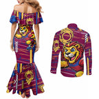Brisbane Lions Couples Matching Mermaid Dress and Long Sleeve Button Shirt Mascot Cartoon Football Illustration Style