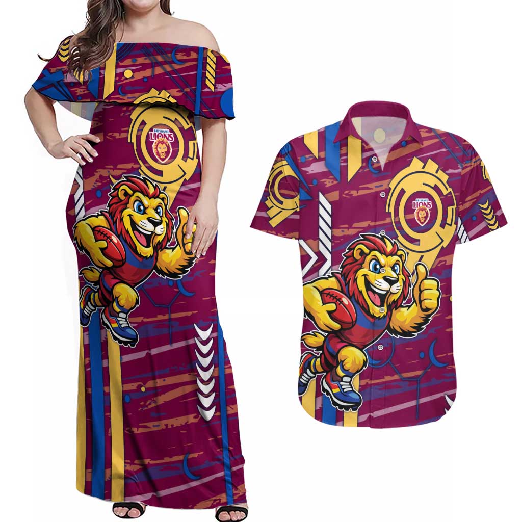 Brisbane Lions Couples Matching Off Shoulder Maxi Dress and Hawaiian Shirt Mascot Cartoon Football Illustration Style